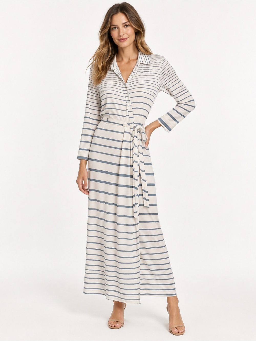 Theory Cream and Blue Striped Long-Sleeve Maxi Dress